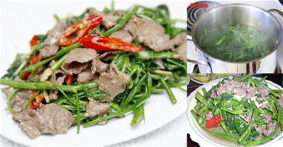 Cách làm thịt trâu xào rau muống ngon giòn, không dai